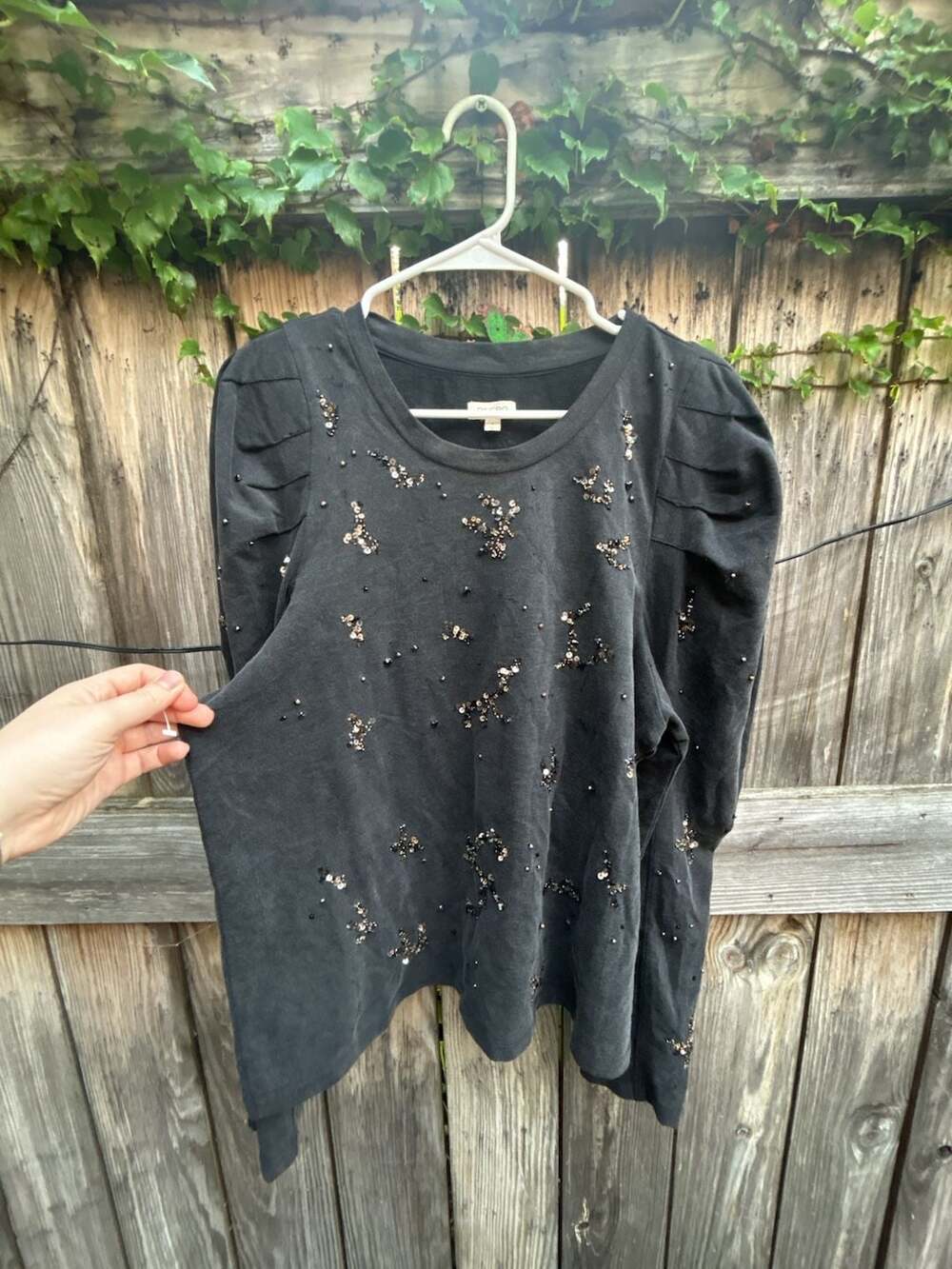 Pilcro Puff-Sleeve Embellished Sweatshirt Carbon Black